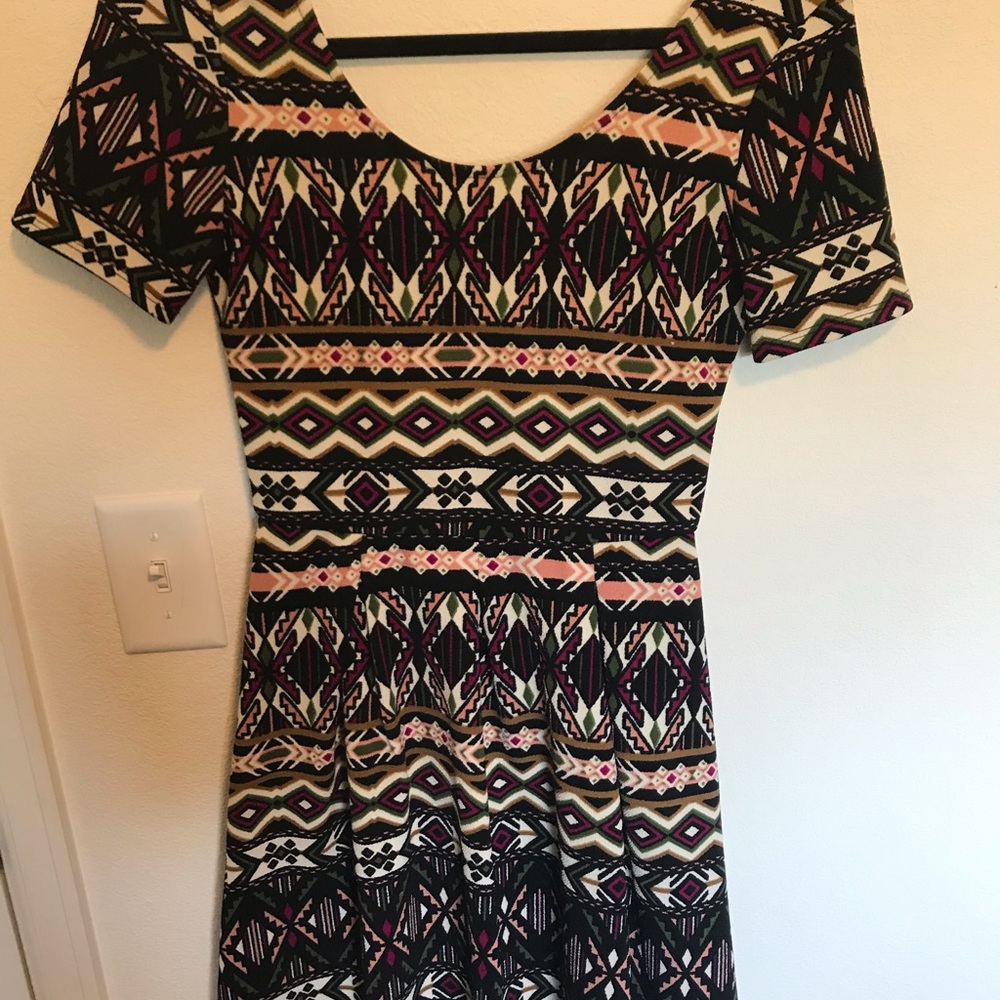 Black/pink/green geometric pattern mini dress